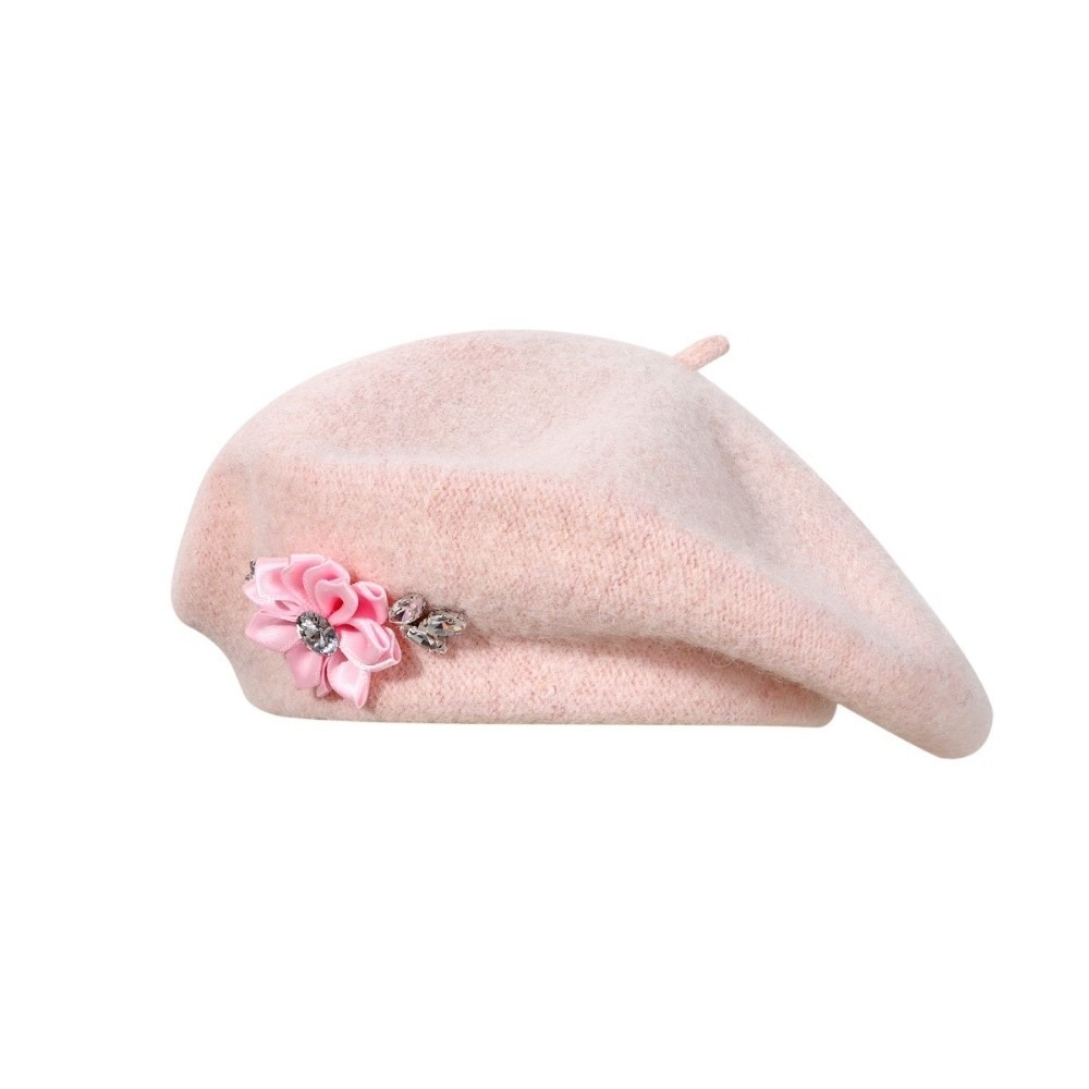 Beret French Wool - หมวกเบเร่ต์ขนสัตว์สีพื้นเรียบหรู ประดับดอกไม้และคริสตัล หมวกสไตล์ฝรั่งเศสแบบนุ่ม ตกแต่งคริสตัล ให้ความอบอุ่น เหมาะสำหรับการเดินทาง