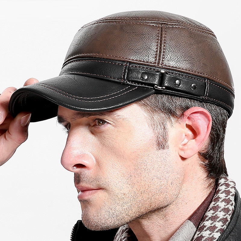 Baseball Cap Structured - Cowskin หนังแท้เบสบอลหมวกผู้ชาย Earflap หมวก Cowhide หมวกหนังวัวแบนด้านบน